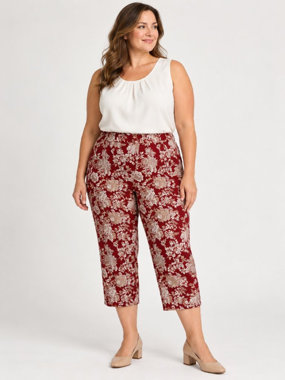 Josephine Chaus Sport Red Floral Capri Pants Size 16 Stretch Fit Side Zip